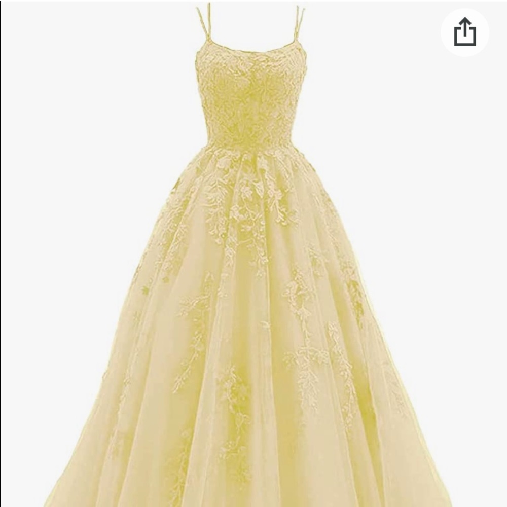 Yellow Line Tulle Long Lace Appliqué Spaghetti-Strap Dress